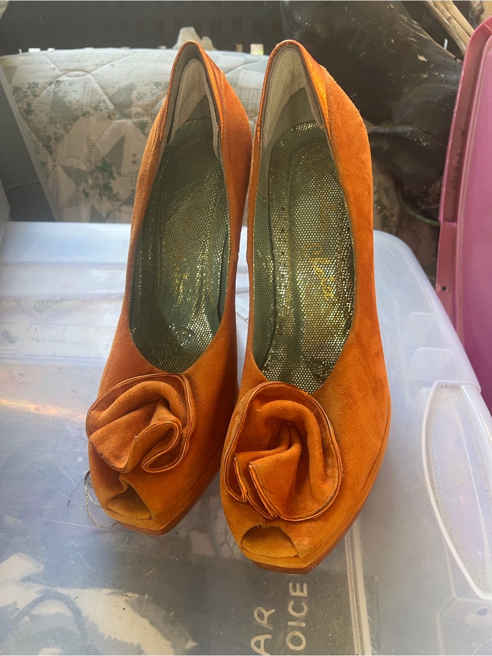 Irregular Choice Orange Suede Peep-Toe Heels with Rosette
